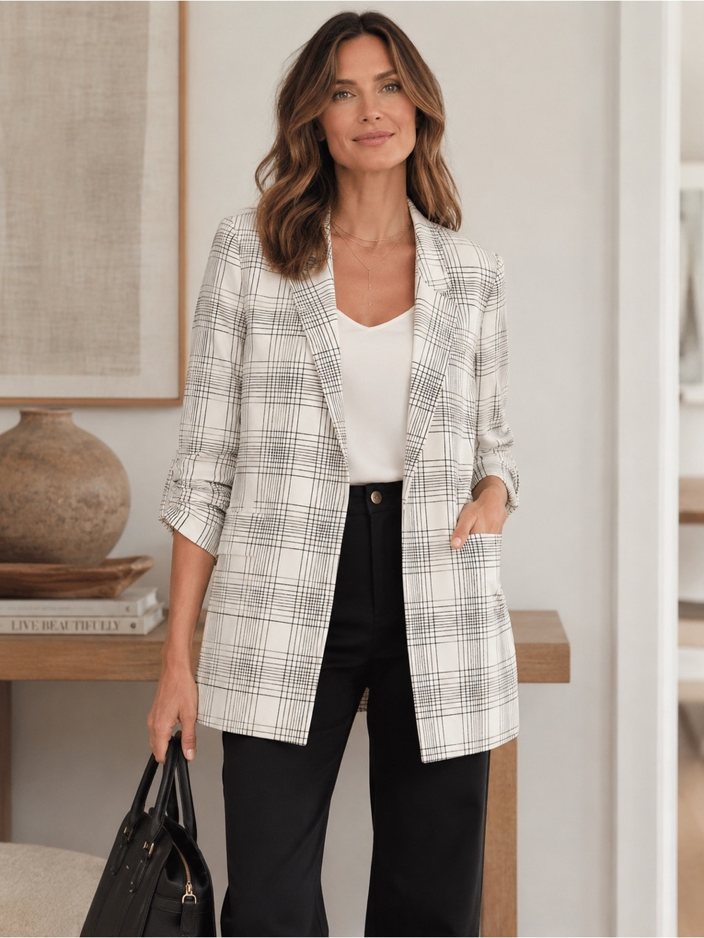 Rachel Zoe White Plaid Open-Front Blazer